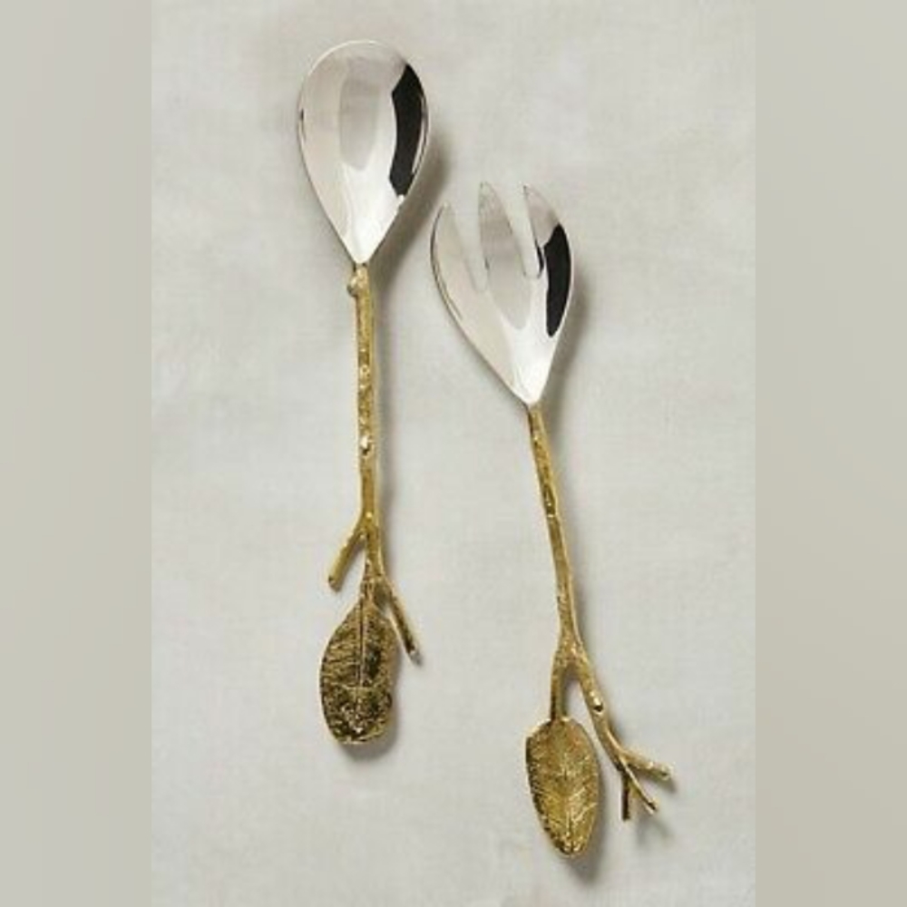 New Rare Anthropologie Wilding Leaf Serving Set Gold Silver Fork Spoon